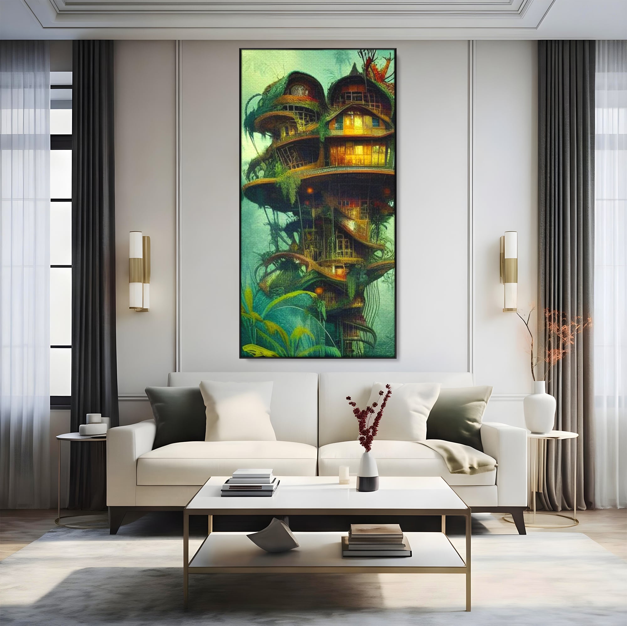 Tablou canvas cu ilustratie digitala cu turn in copac, in rama de aluminiu negru, pe perete intr-un living